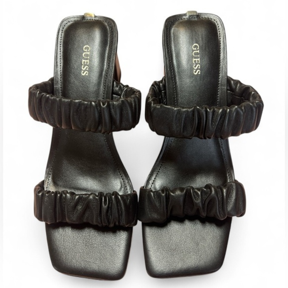Guess Women 8.5 M Black Aindrea Black Shirred 2.75" Block Heel Slip‎ On Mules